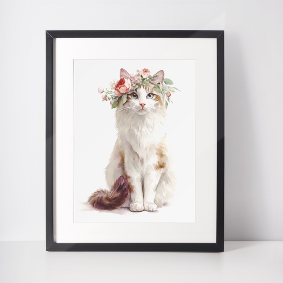 Watercolor Ragdoll Cat with Flower Crown Wall Art Print Unframed - Picture 3 of 7